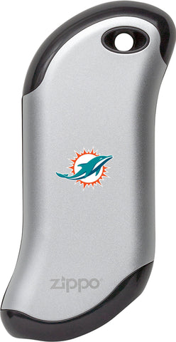 Front of silver NFL Miami Dolphins: HeatBank 9s Rechargeable Hand Warmer