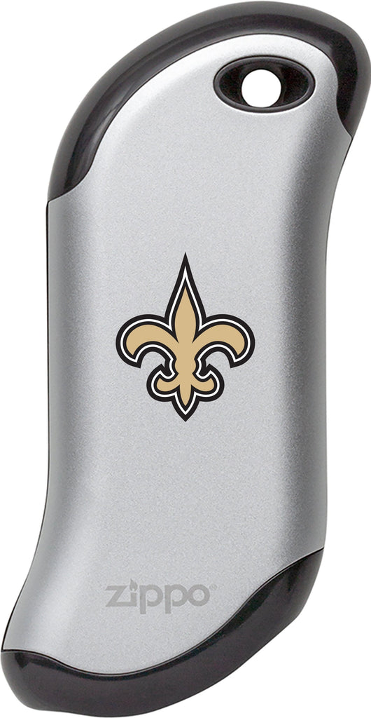 Front of silver NFL New Orleans Saints: HeatBank 9s Rechargeable Hand Warmer
