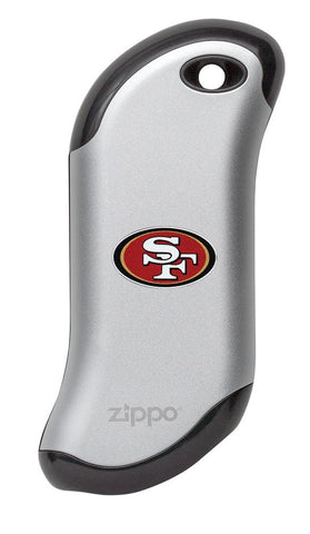 Front of silver NFL San Francisco 49ers: HeatBank 9s Rechargeable Hand Warmer
