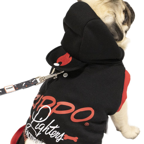 Black Pet Hoodie with the leash attached