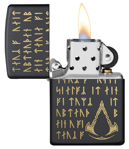 Assassin's Creed®Valhalla - Runes Pocket Lighter open and lit, showing the front of the lighter