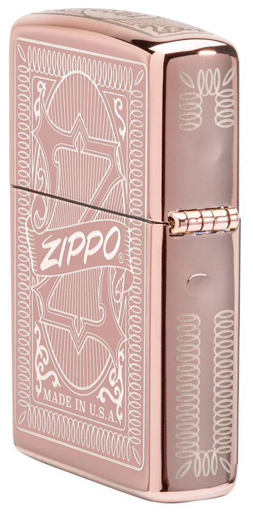 Reimagine Zippo High Polish Rose Gold Windproof Lighter standing at an angle showing the back and hinge side of the lighter design