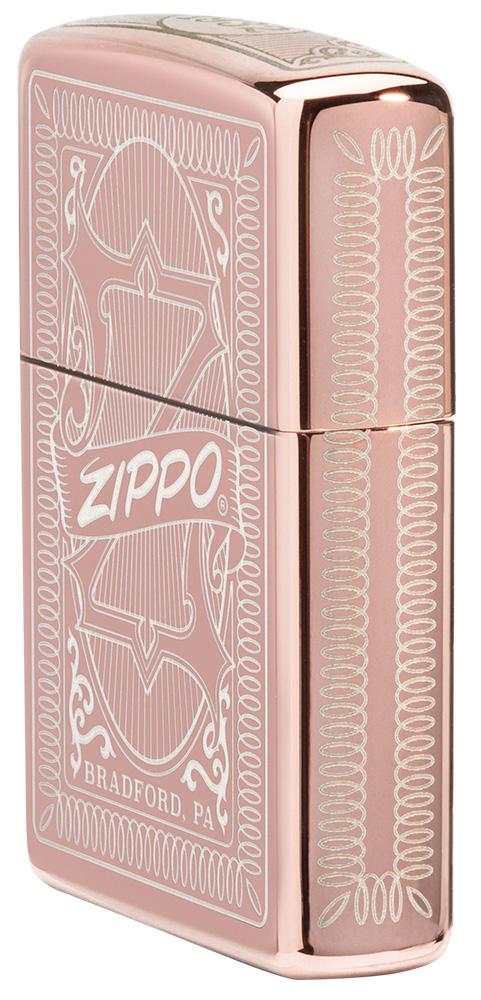 Reimagine Zippo High Polish Rose Gold Windproof Lighter standing at an angle, showing the front and right side of the lighter design