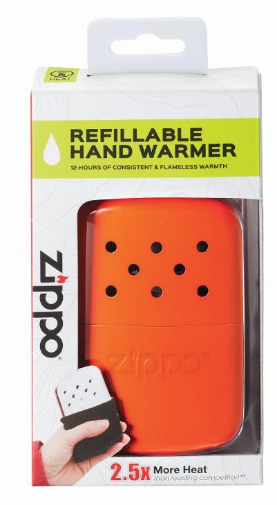 12-Hour Orange Refillable Hand Warmer in the packaging