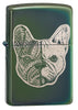 Front shot of French Bulldog Design High Polish Green Windproof Lighter standing at a 3/4 angle