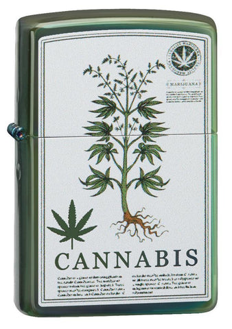 High Polish Green Cannabis Design Windproof Lighter 3/4 View