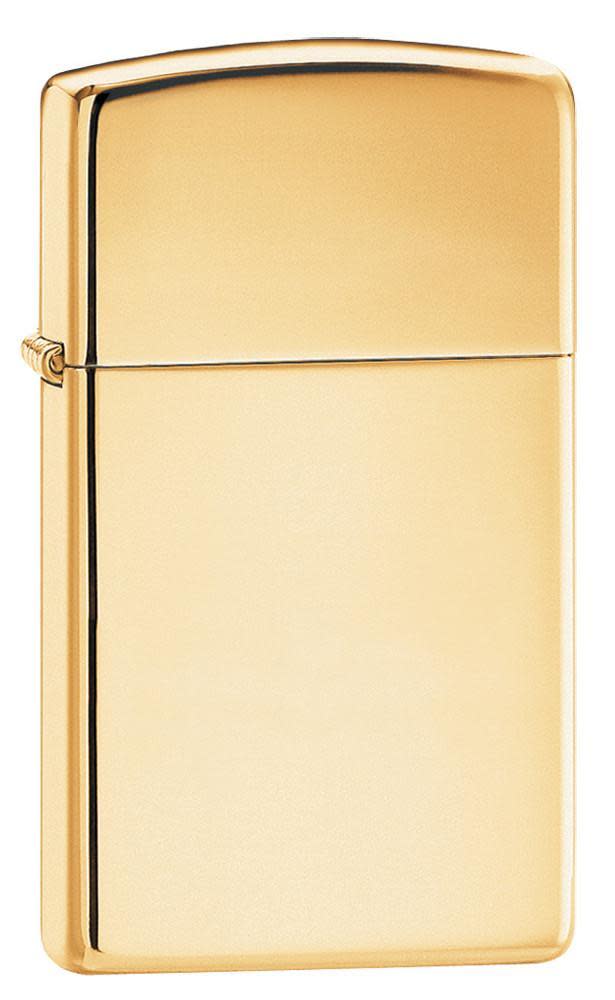 Front shot of SlimÂ® High Polish Brass Finish Windproof Lighter standing at a 3/4 angle.