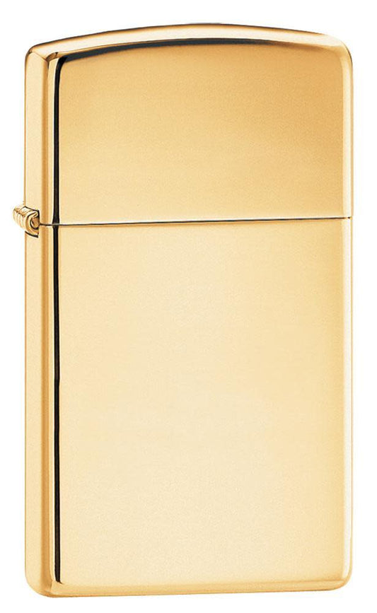 Front shot of SlimÂ® High Polish Brass Finish Windproof Lighter standing at a 3/4 angle.