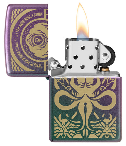 Zippo Evil Design Iridescent Windproof Lighter with its lid open and lit.