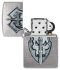 Medieval Skull Crest Linen Weave Windproof Lighter with its lid open and unlit.
