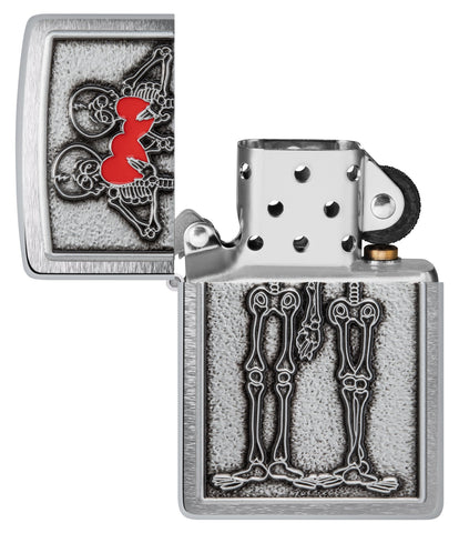 Zippo Couple Love Emblem Brushed Chrome Windproof Lighter with its lid open and unlit.