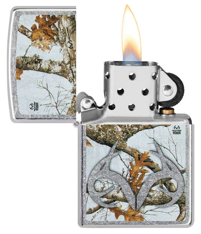 Realtree® Camo Logo Street Chrome™ Windproof Lighter with its lid open and lit.