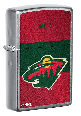 Front shot of NHL® Minnesota Wild Street Chrome™ Windproof Lighter standing at a 3/4 angle