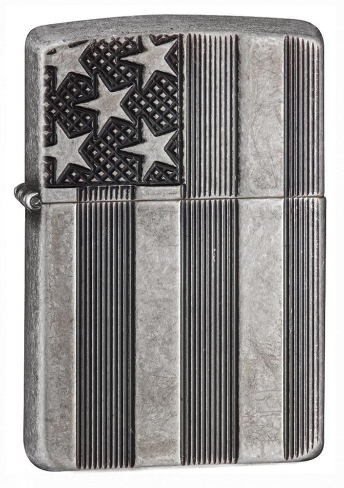 Front shot of American Flag Armor Antique Silver Plate Windproof Lighter standing at a 3/4 angle