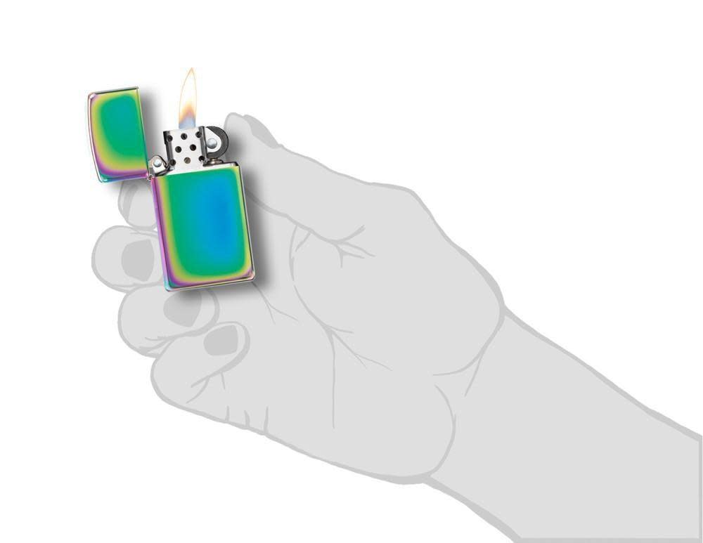SlimÂ® Multi Color Windproof Lighter lit in hand.