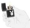 Front view of the White Playboy Bunny on Black Matte Lighter in hand, open and lit.