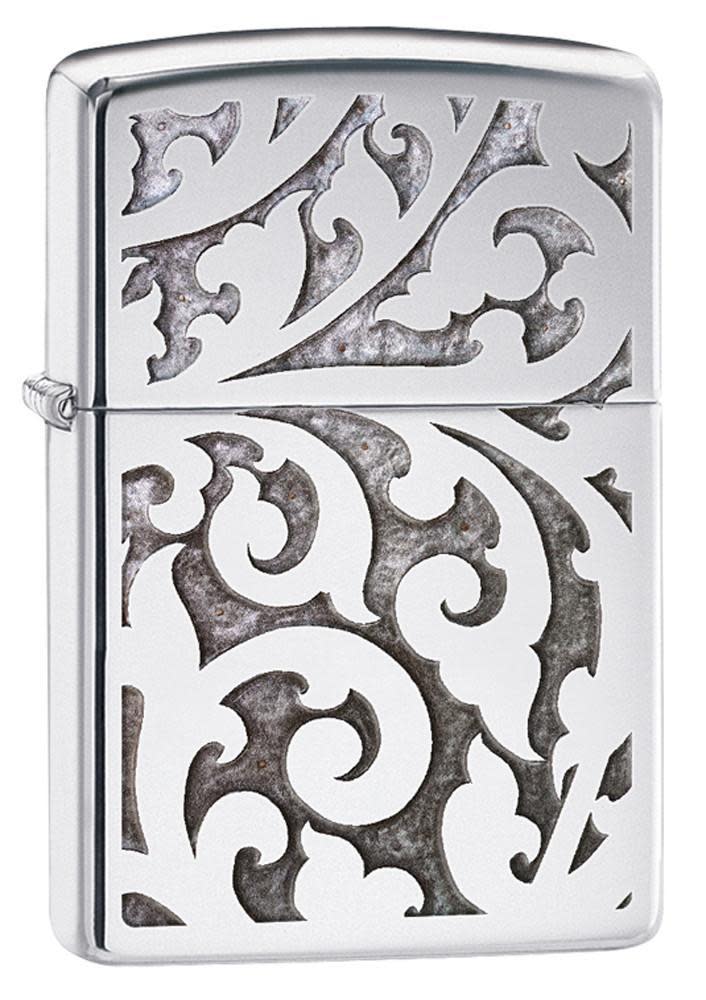 Front shot of High Polish Chrome Filigree Windproof Lighter standing at a 3/4 angle.
