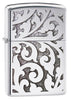 Front shot of High Polish Chrome Filigree Windproof Lighter standing at a 3/4 angle.