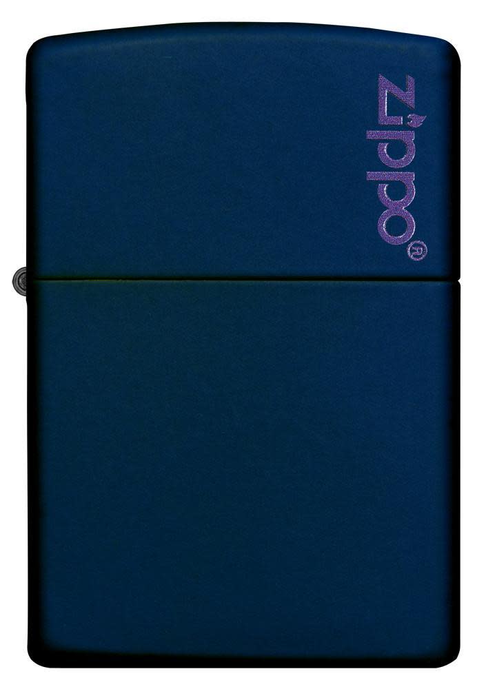 Front view of Classic Navy Blue Matte with Zippo Logo.