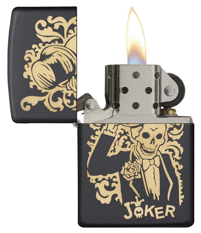 Front view of the Joke Skeleton Tipping Hat with Bronze Swirls on Black Matte Lighter open and lit.