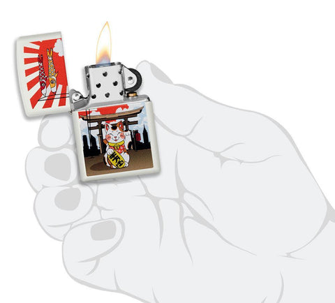 Lucky Cat Design White Matte Windproof Lighter lit in hand