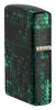 Glow In the Dark 540 Color Pattern Design Windproof Lighter standing at an angle, showing the back and hinge side of the lighter.