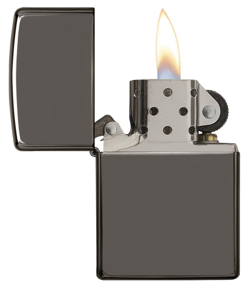 Black IceÂ® Windproof Lighter with its lid open and lit