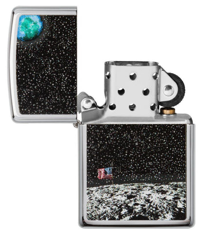 Front view of the High Polish Chrome Moon Landing Design Lighter open and unlit 