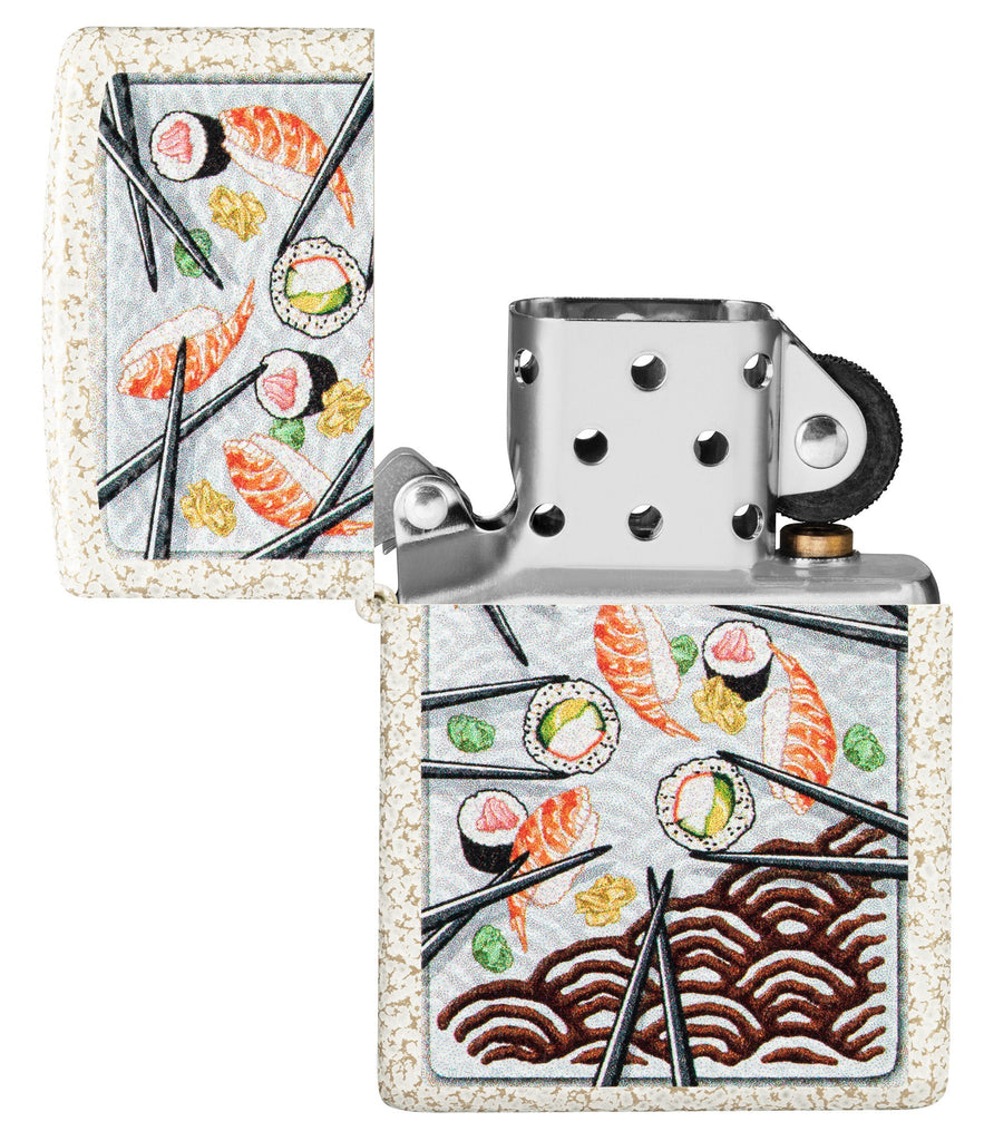 Sushi Design Mercury Glass Windproof Lighter with its lid open and unlit.