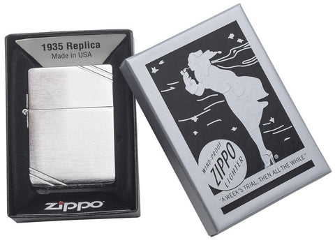 Brushed Chrome 1935 Replica Windproof Lighter with Slashes in its packaging