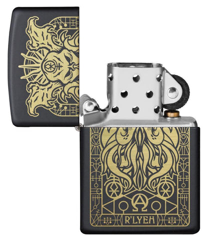 Zippo Windproof Cthulhu Lighter with its lit open and unlit