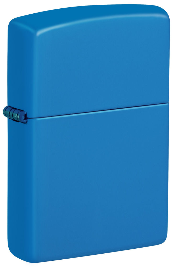 Front shot of Zippo Sky Blue Matte Classic Windproof Lighter standing at a 3/4 angle.