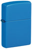 Front shot of Zippo Sky Blue Matte Classic Windproof Lighter standing at a 3/4 angle.
