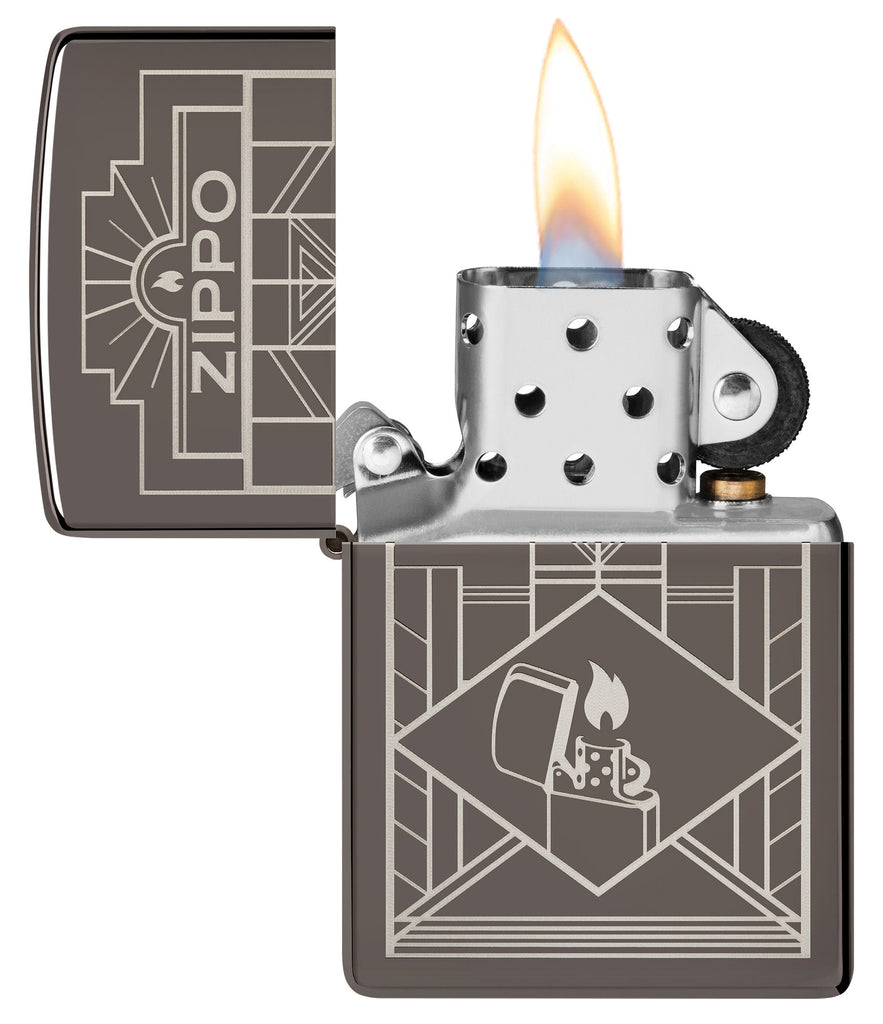 Zippo Art Deco Design Black Ice® Windproof Lighter with its lid open and lit.