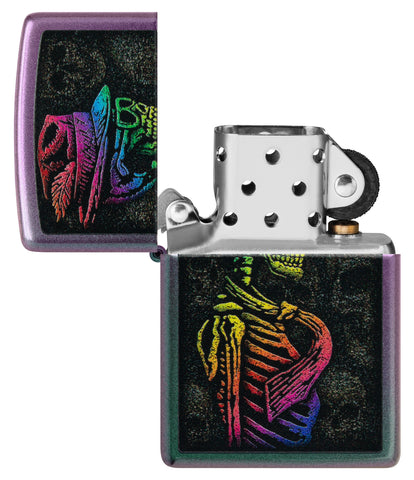 Colorful Skull Design Iridescent Windproof Lighter with its lid open and unlit.