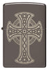 Front shot of Zippo Laser Engraved Celtic Cross Design Black Ice Windproof Lighter.