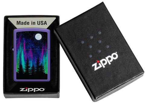 Zippo Northern Lights Design Purple Matte Windproof Lighter in its packaging.