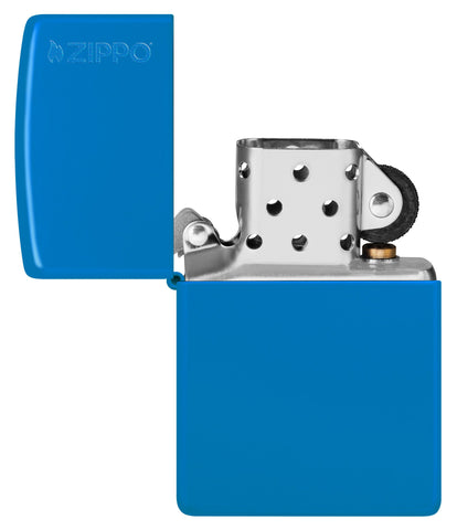 Zippo Sky Blue Matte Zippo Logo Classic Windproof Lighter with its lid open and unlit.