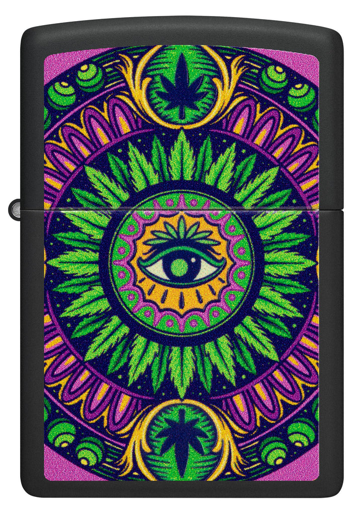 Front view of Zippo Black Light Cannabis Pattern Design Black Matte Windproof Lighter.