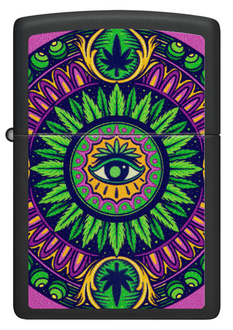 Front view of Zippo Black Light Cannabis Pattern Design Black Matte Windproof Lighter.