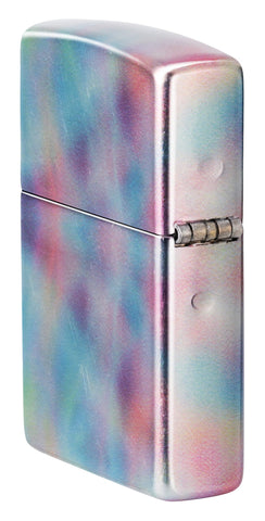 Zippo Holographic Design 540 Fusion Windproof Lighter standing at an angle, showing the back and hinge side of the lighter.