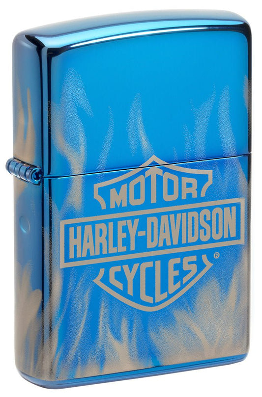 Front shot of Harley-Davidson 360Â° Flames High Polish Blue Windproof Lighter standing at a 3/4 angle.