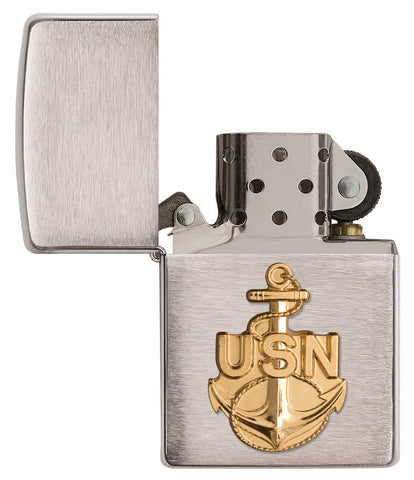 United States Navy Brass Emblem Windproof Lighter with its lid open and unlit.