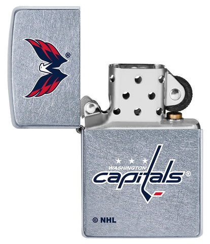 NHL Washington Capitals Street Chrome™ Windproof Lighter with its lid open and unlit