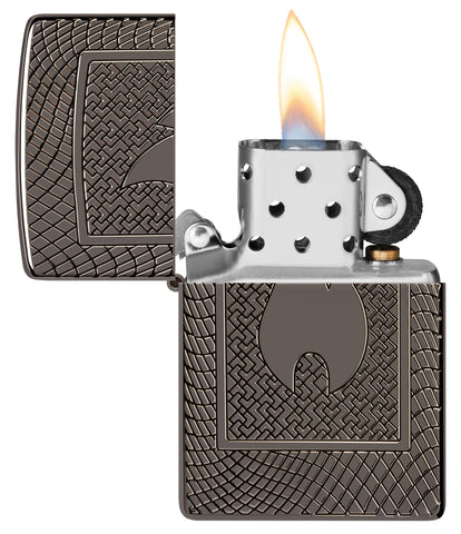 Zippo Flame Pattern Design Armor Black Ice Windproof Lighter  with its lid open and lit.