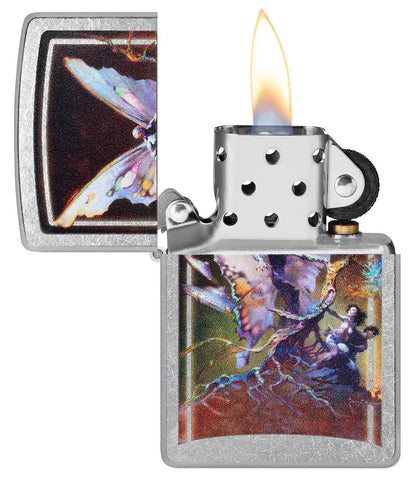 Frank Frazetta Mythical Fairy Street Chrome Windproof Lighter with its lid open and lit.