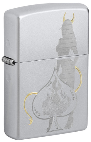 Front shot of Zippo Devilish Ace Design Satin Chrome Windproof Lighter standing at a 3/4 angle.