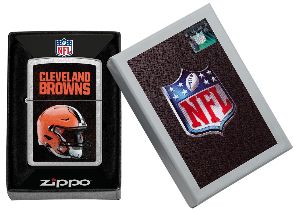 NFL Cleveland Browns Helmet Street Chrome Windproof Lighter in its packaging.