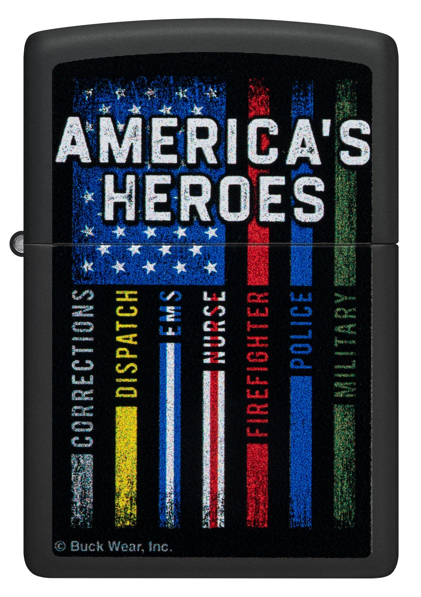 Front shot of Zippo Buckwear America's Heroes Design Black Matte Windproof Lighter.