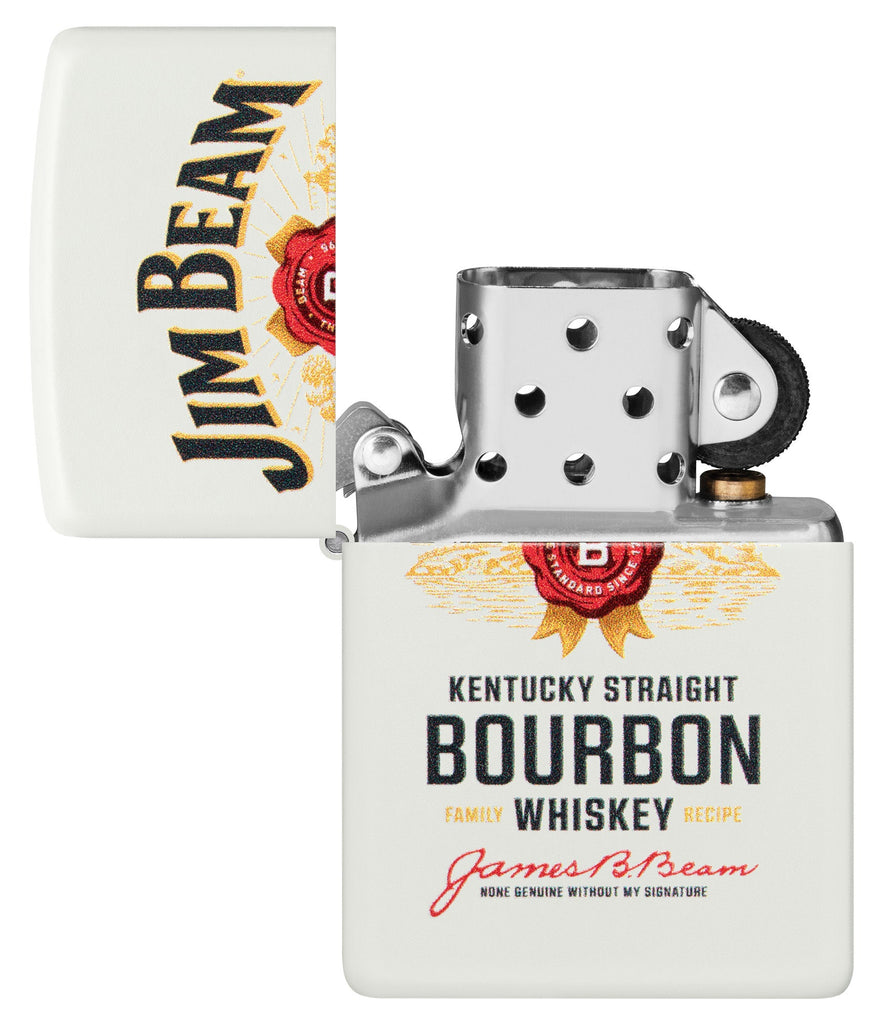 Jim Beam Label Logo White Matte Windproof Lighter with its lid open and unlit.